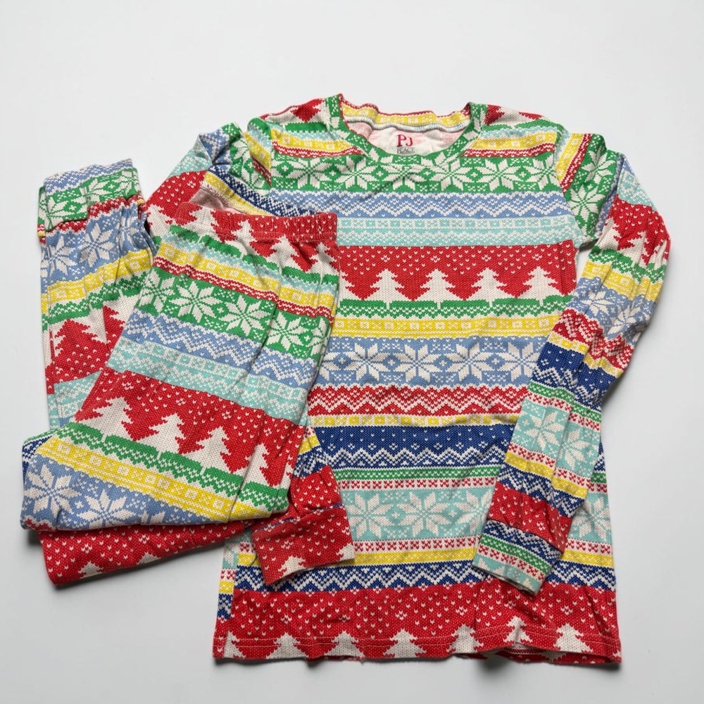 PJ Place Kids Size 16 Rainbow Fair Isle Pajama Set Snowflake Tree PJ's Holiday